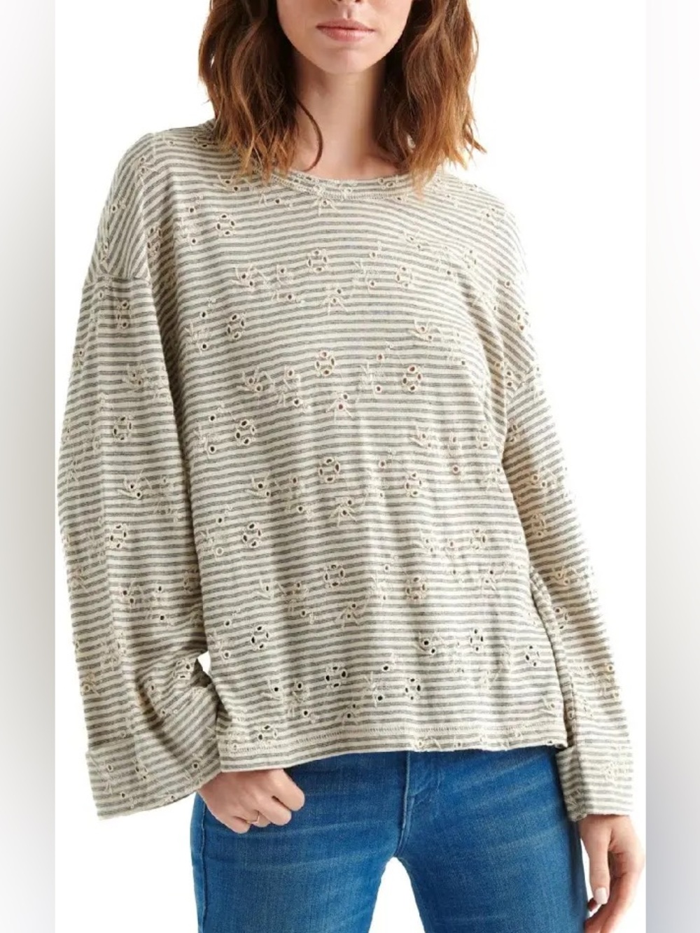 Lucky Brand Striped Eyelet Bell-Sleeve Tunic - White & Black